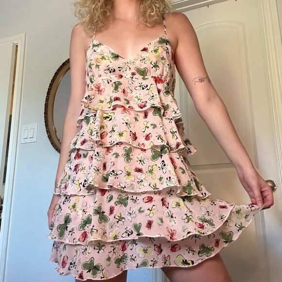 Mimi Chica Women's Pink Tiered Spaghetti Strap Mini Dress W/Butterflies Size Med - Picture 2 of 6